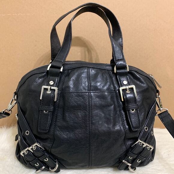 MICHAEL KORS Soft Black Leather Buckle-Trimmed Bowler MILO Satchel w/Strap - Picture 2 of 16